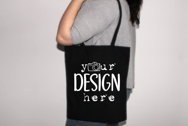 Canvas Tote Bag, Blank Black Tote Bag Mockup, Woman Model Holding Carry Bag, Stock Photography Mock Up on White Background, JPG Digital Mock Up Photo ArtStudio 