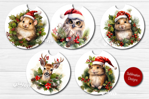 Car Coaster Christmas Sublimation Bundle Round coaster Sublimation design Christmas Animal PNG Sublimation Createya Design 