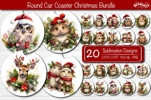Car Coaster Christmas Sublimation Bundle Round coaster Sublimation design Christmas Animal PNG Sublimation Createya Design 