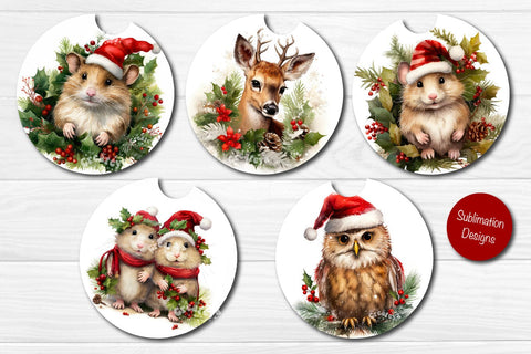 Car Coaster Christmas Sublimation Bundle Round coaster Sublimation design Christmas Animal PNG Sublimation Createya Design 