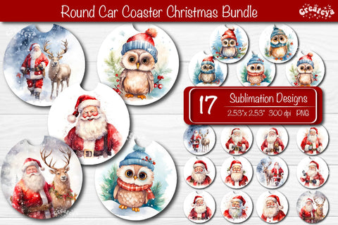 Car Coaster Christmas Sublimation Bundle Round coaster Sublimation design Christmas Owl and Santa PNG Sublimation Createya Design 