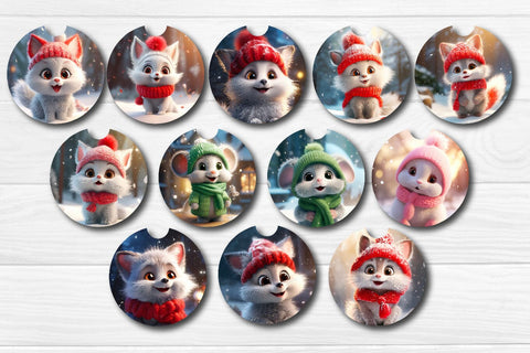 Car Coaster Christmas Sublimation Bundle Round Coaster Sublimation design Snowman Baby Animals 3D Flowers PNG Sublimation Createya Design 