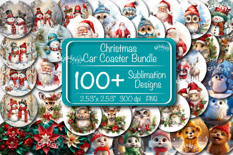 Car Coaster Christmas Sublimation Bundle Round Coaster Sublimation design Snowman Baby Animals 3D Flowers PNG Sublimation Createya Design 