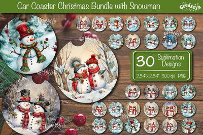 Car Coaster Christmas Sublimation Bundle Round coaster Sublimation design Snowman PNG Sublimation Createya Design 
