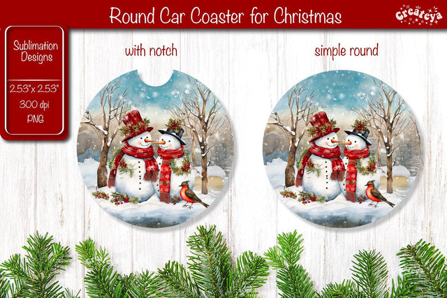 Car Coaster Christmas Sublimation coaster design Snowman PNG Watercolor Sublimation Createya Design 