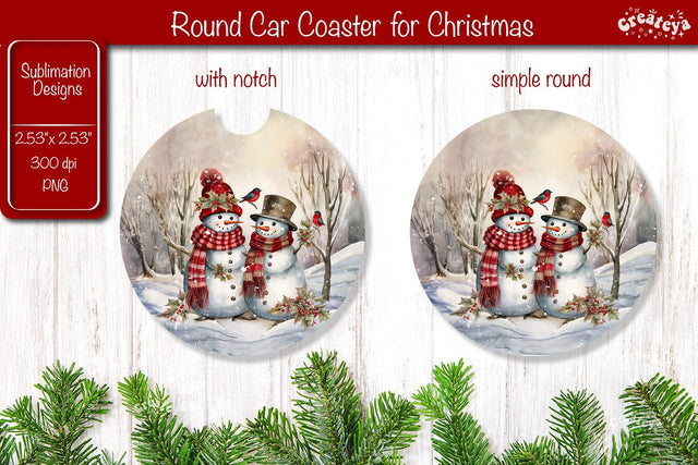 Car Coaster Christmas Sublimation coaster design Snowman PNG Watercolor Sublimation Createya Design 