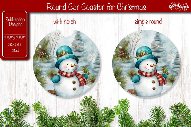 Car Coaster Christmas Sublimation coaster design Snowman PNG Watercolor Sublimation Createya Design 