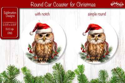 Car Coaster Christmas Sublimation Round coaster Sublimation design Christmas Owl PNG Sublimation Createya Design 