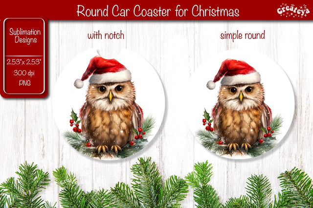 Car Coaster Christmas Sublimation Round coaster Sublimation design Christmas Owl PNG Sublimation Createya Design 