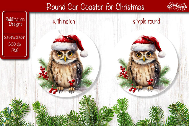 Car Coaster Christmas Sublimation Round coaster Sublimation design Christmas Owl PNG Sublimation Createya Design 