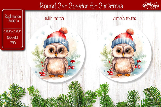 Car Coaster Christmas Sublimation Round coaster Sublimation design Christmas Owl Sublimation Createya Design 