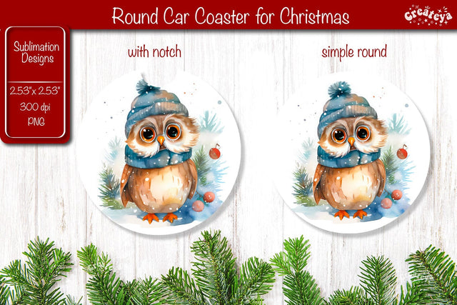 Car Coaster Christmas Sublimation Round coaster Sublimation design Christmas Owl Sublimation Createya Design 