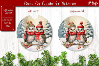 Car Coaster Christmas Sublimation Round coaster Sublimation design Christmas Owl Sublimation Createya Design 