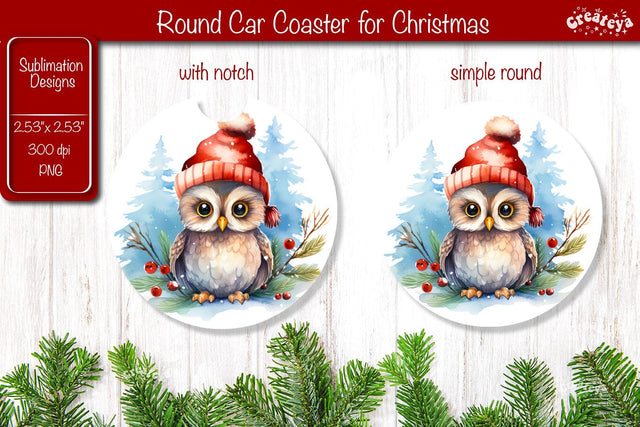 Car Coaster Christmas Sublimation Round coaster Sublimation design Christmas Owl Sublimation Createya Design 