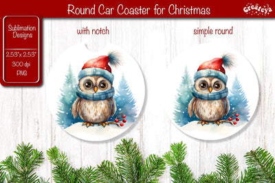 Car Coaster Christmas Sublimation Round coaster Sublimation design Christmas Owl Sublimation Createya Design 