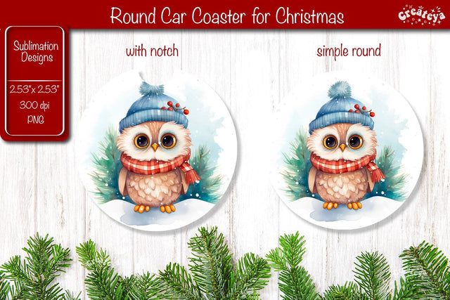 Car Coaster Christmas Sublimation Round coaster Sublimation design Christmas Owl Sublimation Createya Design 