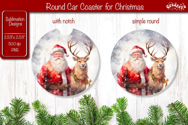Car Coaster Christmas Sublimation Round coaster Sublimation design Santa Sublimation Createya Design 