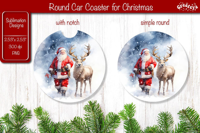 Car Coaster Christmas Sublimation Round coaster Sublimation design Santa Sublimation Createya Design 