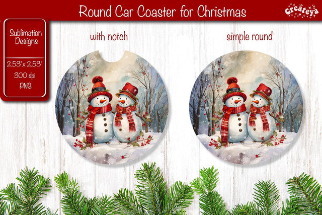 Car Coaster Christmas Sublimation Round coaster Sublimation design Snowman PNG Watercolor Sublimation Createya Design 