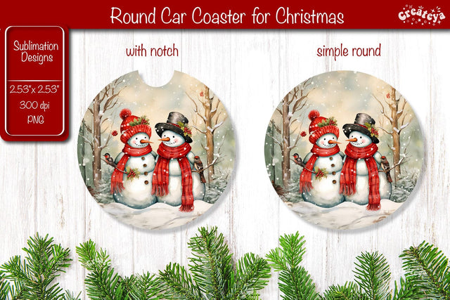Car Coaster Christmas Sublimation Round coaster Sublimation design Snowman PNG Watercolor Sublimation Createya Design 