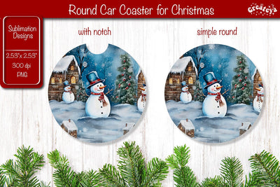 Car Coaster Christmas Sublimation Round coaster Sublimation design Snowman PNG Watercolor Sublimation Createya Design 