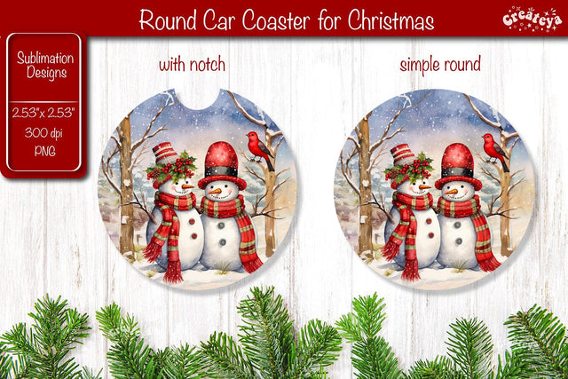 Car Coaster Christmas Sublimation Round coaster Sublimation design Snowman PNG Watercolor Sublimation Createya Design 