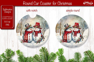 Car Coaster Christmas Sublimation Round coaster Sublimation design Snowman PNG Watercolor Sublimation Createya Design 