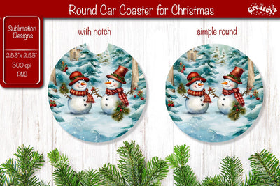 Car Coaster Christmas Sublimation Round coaster Sublimation design Snowman PNG Watercolor Sublimation Createya Design 