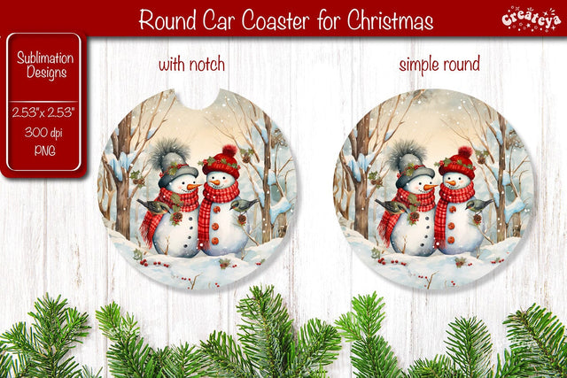 Car Coaster Christmas Sublimation Round coaster Sublimation design Snowman PNG Watercolor Sublimation Createya Design 