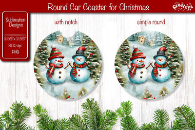 Car Coaster Christmas Sublimation Round coaster Sublimation design Snowman PNG Watercolor Sublimation Createya Design 
