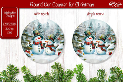 Car Coaster Christmas Sublimation Round coaster Sublimation design Snowman PNG Watercolor Sublimation Createya Design 