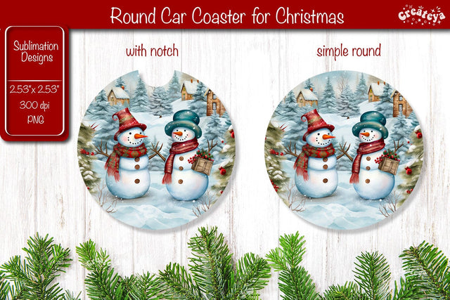 Car Coaster Christmas Sublimation Round coaster Sublimation design Snowman PNG Watercolor Sublimation Createya Design 