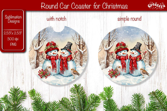 Car Coaster Christmas Sublimation Round coaster Sublimation design Snowman PNG Watercolor Sublimation Createya Design 