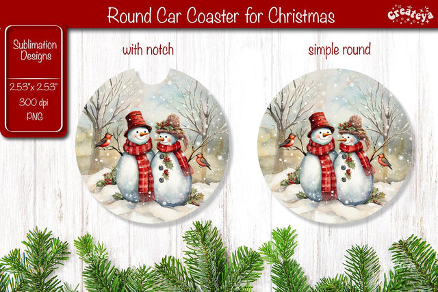 Car Coaster Christmas Sublimation Round coaster Sublimation design Snowman PNG Watercolor Sublimation Createya Design 