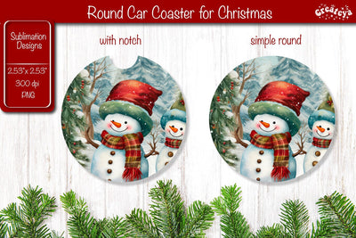 Car Coaster Christmas Sublimation Round coaster Sublimation design Snowman PNG Watercolor Sublimation Createya Design 