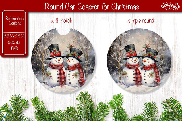 Car Coaster Christmas Sublimation Round coaster Sublimation design Snowman PNG Watercolor Sublimation Createya Design 