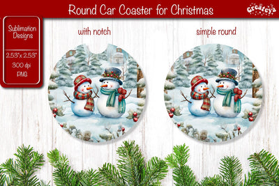 Car Coaster Christmas Sublimation Round coaster Sublimation design Snowman PNG Watercolor Sublimation Createya Design 