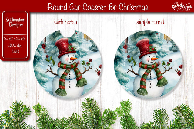 Car Coaster Christmas Sublimation Round coaster Sublimation design Snowman PNG Watercolor Sublimation Createya Design 