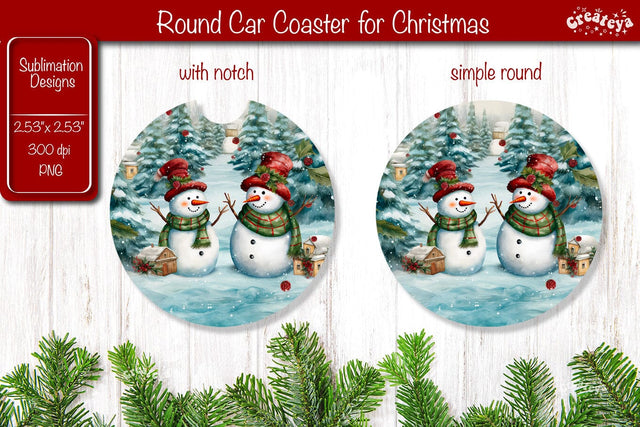 Car Coaster Christmas Sublimation Round coaster Sublimation design Snowman PNG Watercolor Sublimation Createya Design 