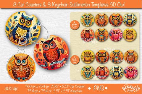 Car coaster Sublimation Bundle| Round Keychain Sublimation 3D Owl PNG template Sublimation Createya Design 