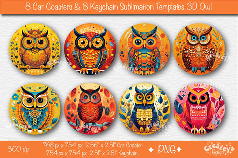 Car coaster Sublimation Bundle| Round Keychain Sublimation 3D Owl PNG template Sublimation Createya Design 