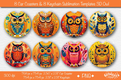 Car coaster Sublimation Bundle| Round Keychain Sublimation 3D Owl PNG template Sublimation Createya Design 