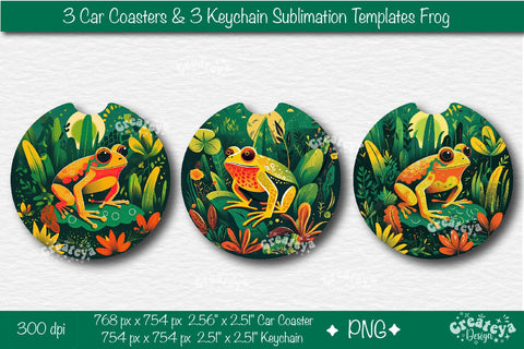 Car coaster Sublimation Bundle| Round Keychain Sublimation Frog PNG template Sublimation Createya Design 