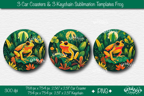 Car coaster Sublimation Bundle| Round Keychain Sublimation Frog PNG template Sublimation Createya Design 