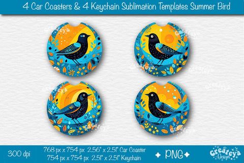 Car coaster Sublimation Bundle| Round Keychain Sublimation Summer Bird PNG template Sublimation Createya Design 