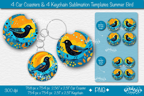 Car coaster Sublimation Bundle| Round Keychain Sublimation Summer Bird PNG template Sublimation Createya Design 