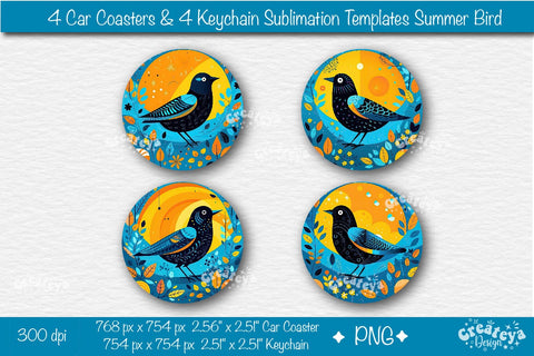 Car coaster Sublimation Bundle| Round Keychain Sublimation Summer Bird PNG template Sublimation Createya Design 