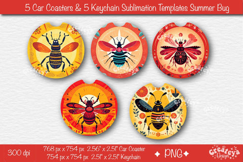 Car coaster Sublimation Bundle| Round Keychain Sublimation Summer bug PNG template Sublimation Createya Design 