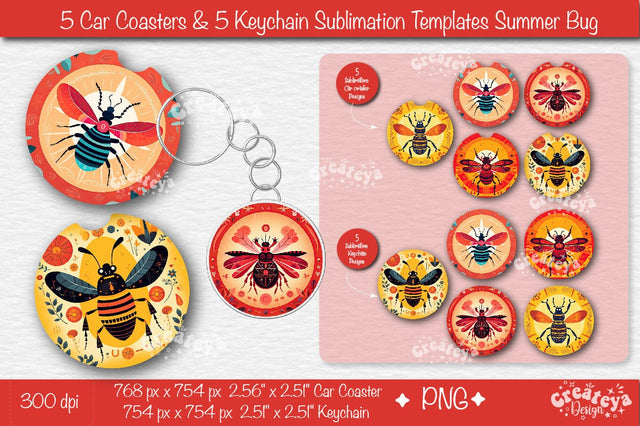 Car coaster Sublimation Bundle| Round Keychain Sublimation Summer bug PNG template Sublimation Createya Design 