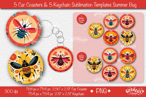 Car coaster Sublimation Bundle| Round Keychain Sublimation Summer bug PNG template Sublimation Createya Design 